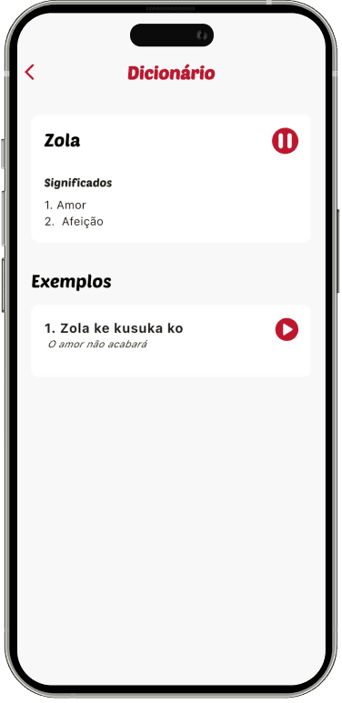 Ecrã de dicionário do app Kukubela