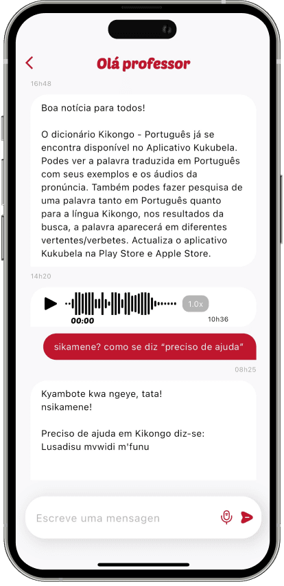 Ecrã de aulas do app Kukubela